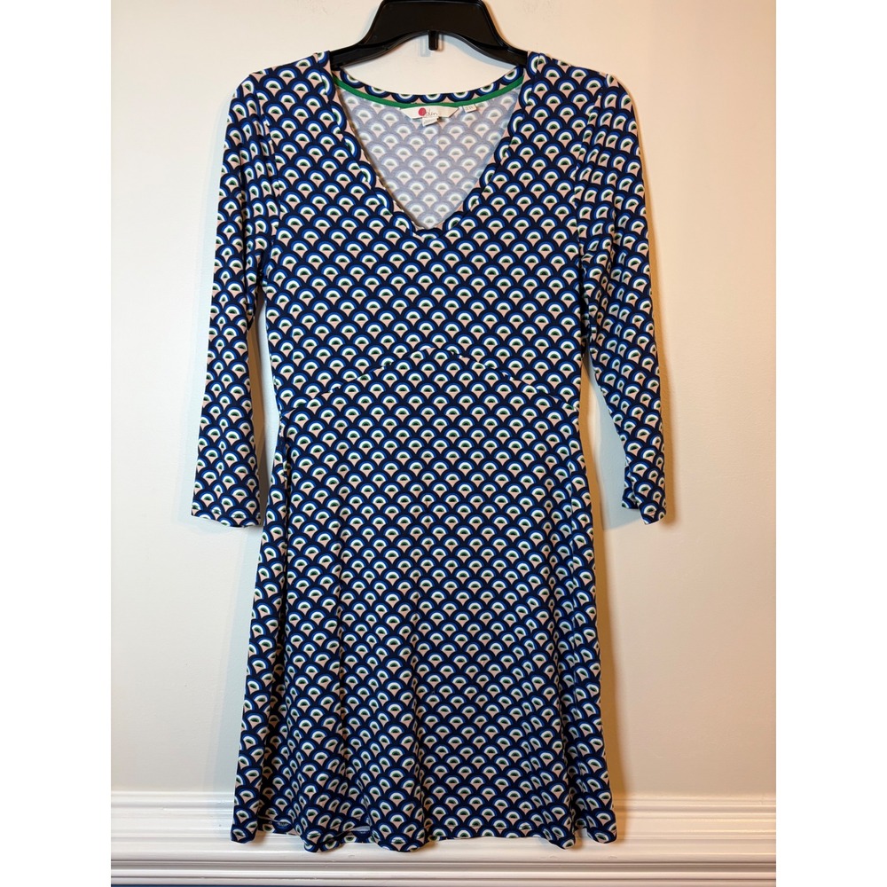 Boden Jersey Dress Womens US 2R Blue Geometric Fan V-Neck 3/4 Sleeve A-Line